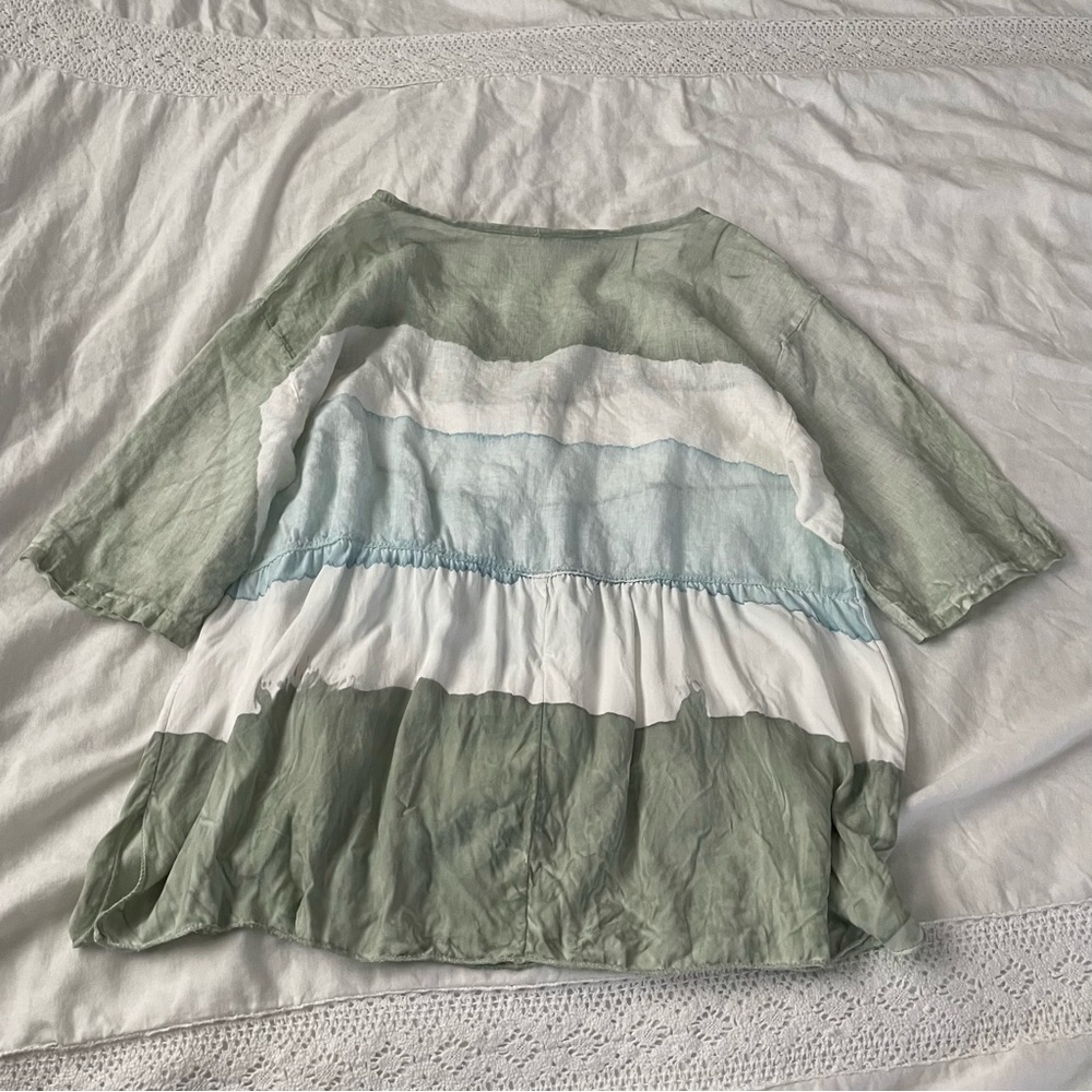 belle france LARGE short sleeve Blue green 100% linen tie dye blouse top Italy - Picture 7 of 8
